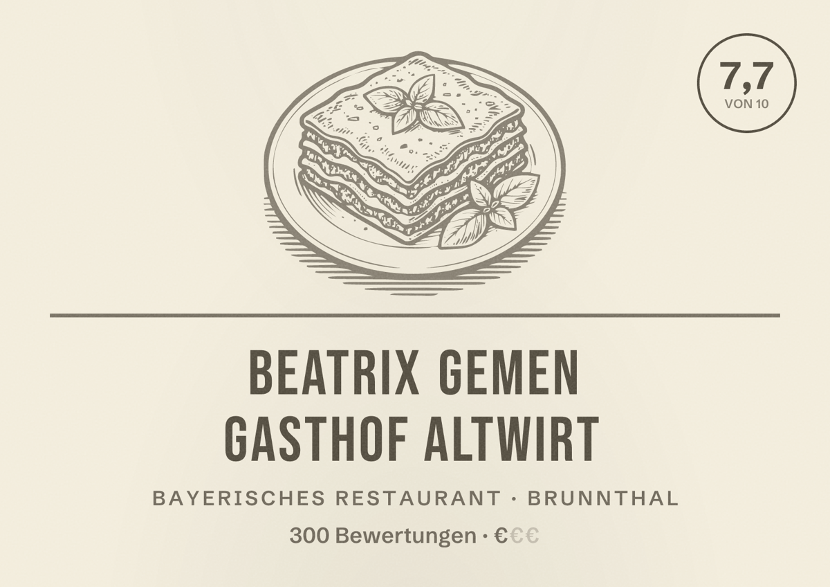 Illustriertes Poster von Beatrix Gemen Gasthof Altwirt, Bayerisches Restaurant in Brunnthal: Bewertung 7,7 von 10 aus 300 Bewertungen, Preisniveau €