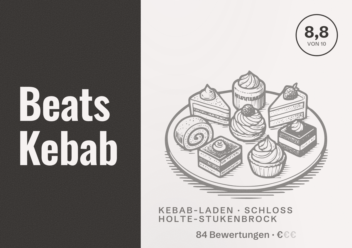 Illustriertes Poster von Beats Kebab, Kebab-Laden in Schloß Holte-Stukenbrock: Bewertung 8,8 von 10 aus 84 Bewertungen, Preisniveau €