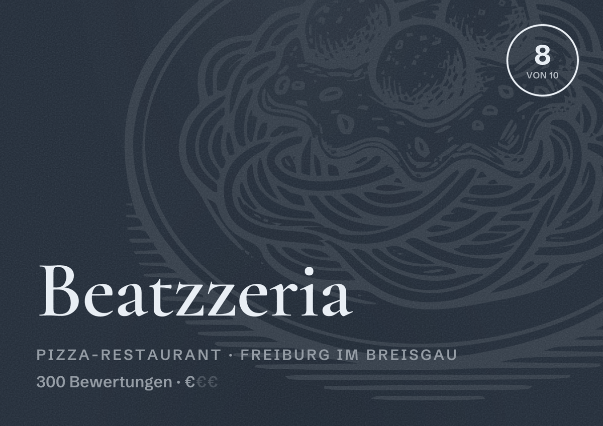 Illustriertes Poster von Beatzzeria, Pizza-Restaurant in Freiburg im Breisgau: Bewertung 8,0 von 10 aus 300 Bewertungen, Preisniveau €