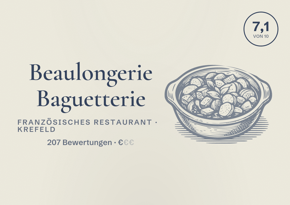 Illustriertes Poster von Beaulongerie Baguetterie, Französisches Restaurant in Krefeld: Bewertung 7,1 von 10 aus 207 Bewertungen, Preisniveau €