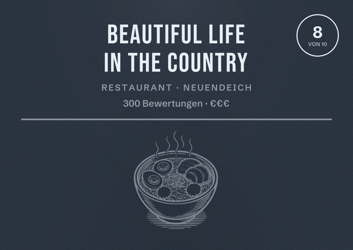 Illustriertes Poster von Beautiful life in the country, Restaurant in Neuendeich: Bewertung 8 von 10 aus 300 Bewertungen, Preisniveau €€€