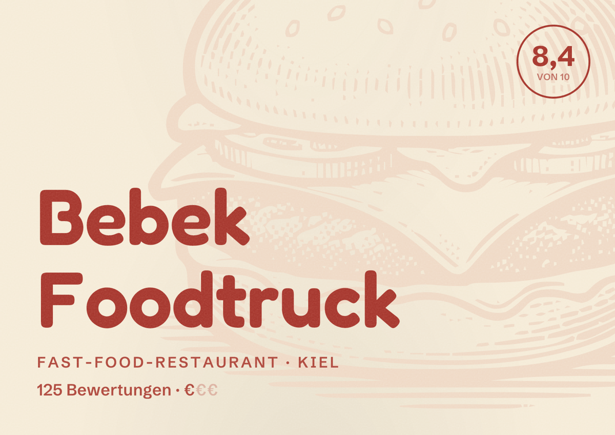 Illustriertes Poster von Bebek Foodtruck, Fast-Food-Restaurant in Kiel: Bewertung 8,4 von 10 aus 125 Bewertungen, Preisniveau €