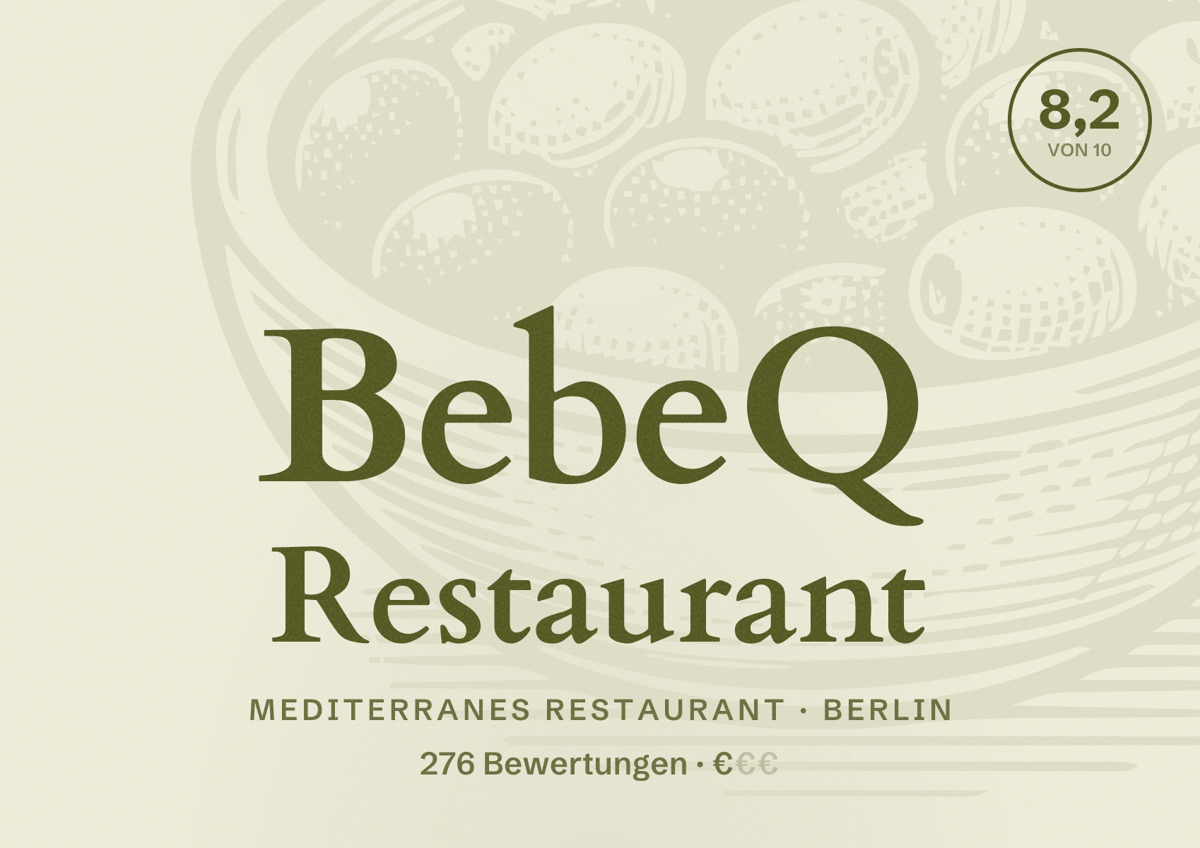 Illustriertes Poster von BebeQ Restaurant, Mediterranes Restaurant in Berlin: Bewertung 8,2 von 10 aus 276 Bewertungen, Preisniveau €