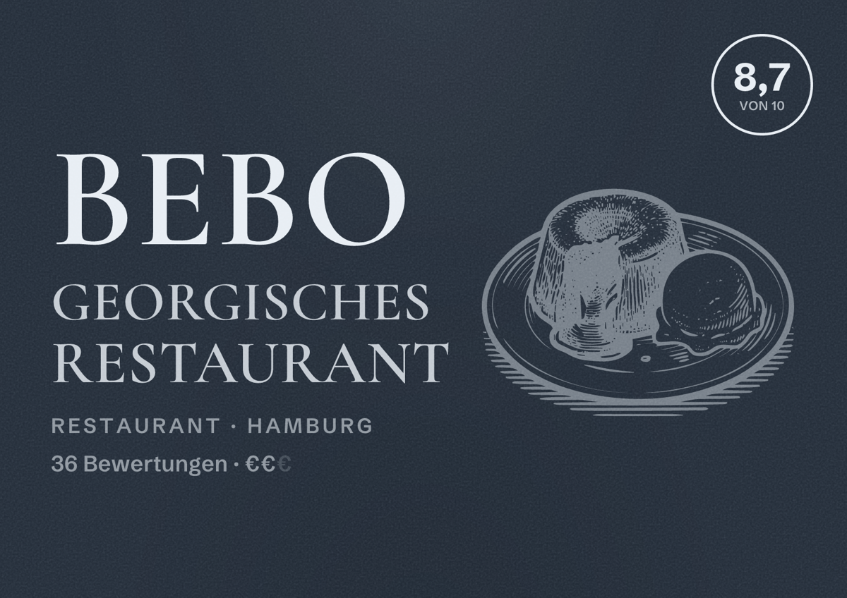 Illustriertes Poster von Bebo Georgisches Restaurant, Restaurant in Hamburg: Bewertung 8,7 von 10 aus 36 Bewertungen, Preisniveau €€