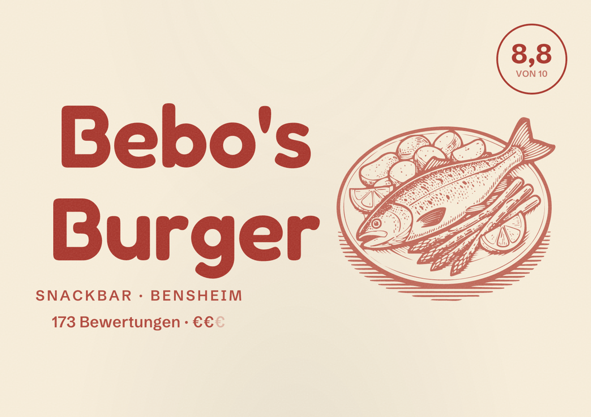 Illustriertes Poster von Bebo's Burger, Snackbar in Bensheim: Bewertung 8,8 von 10 aus 173 Bewertungen, Preisniveau €€