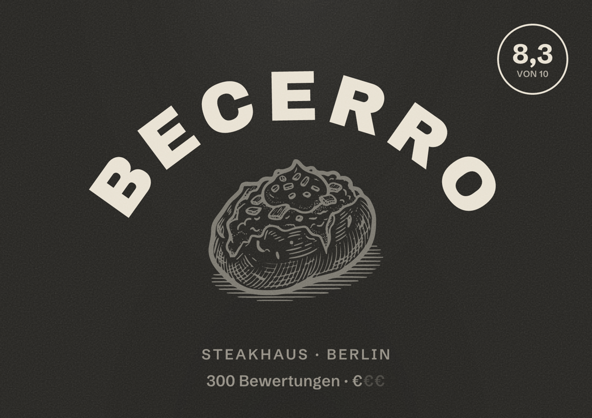 Illustriertes Poster von Becerro, Steakhaus in Berlin: Bewertung 8,3 von 10 aus 300 Bewertungen, Preisniveau €