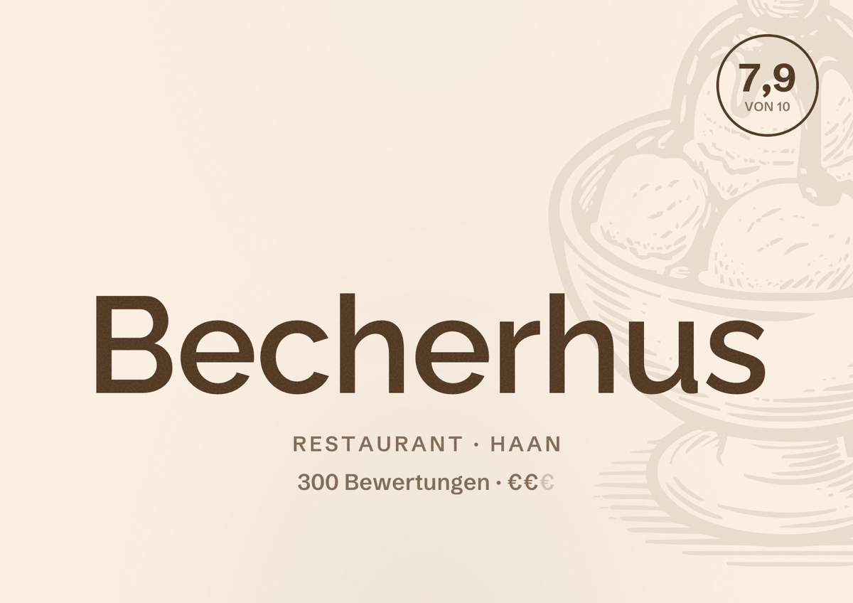 Illustriertes Poster von Becherhus, Restaurant in Haan: Bewertung 7,9 von 10 aus 300 Bewertungen, Preisniveau €€