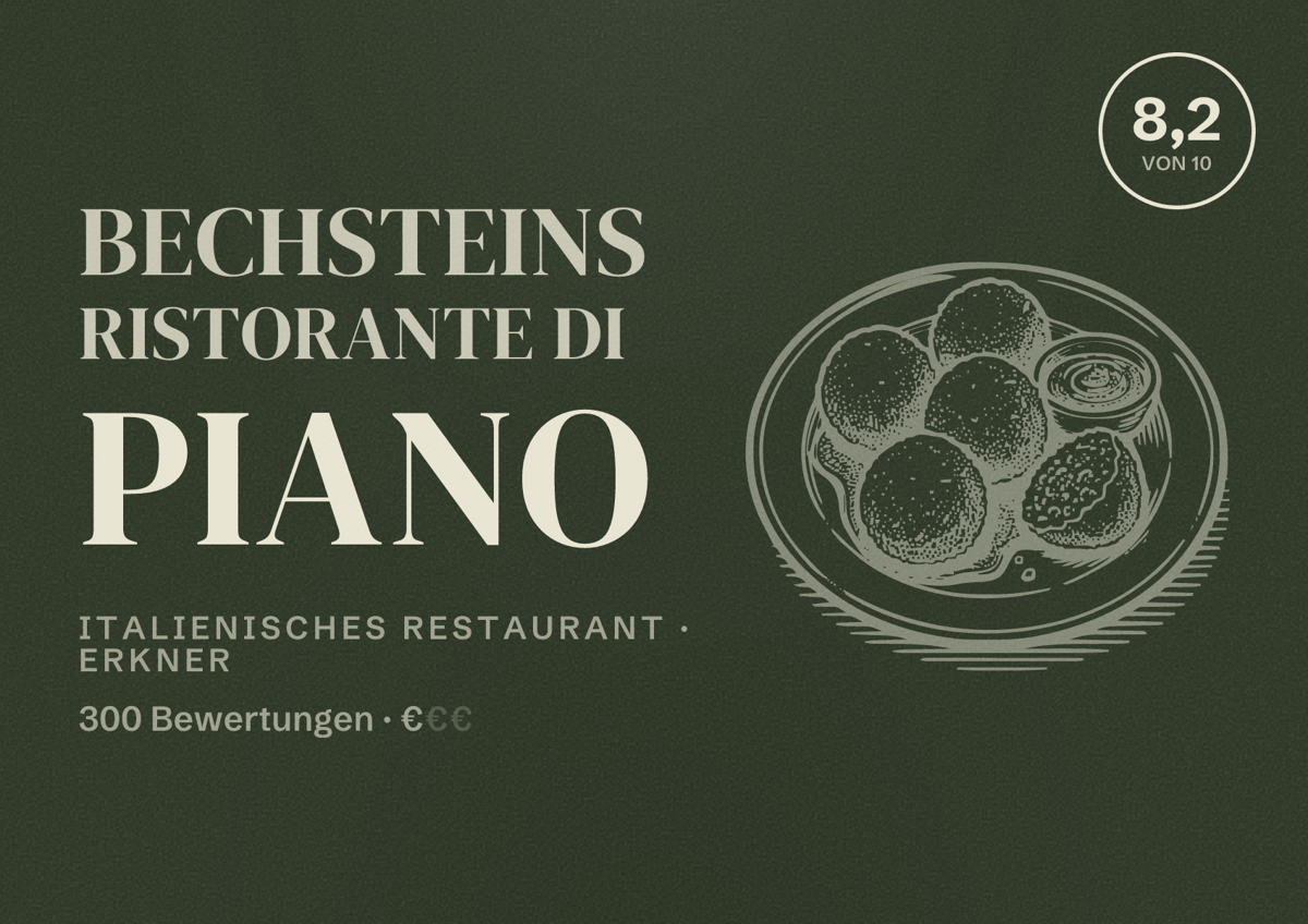 Illustriertes Poster von Bechsteins Ristorante di Piano, Italienisches Restaurant in Erkner: Bewertung 8,2 von 10 aus 300 Bewertungen, Preisniveau €