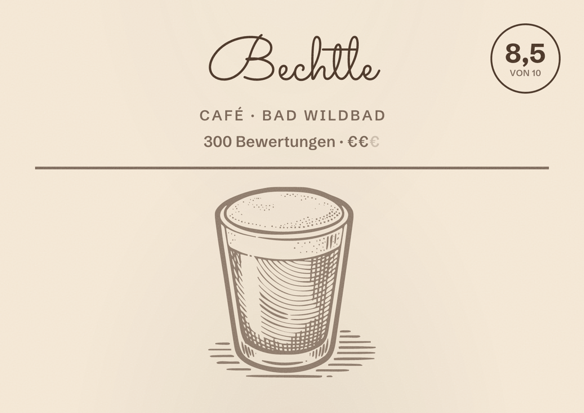 Illustriertes Poster von Bechtle, Café in Bad Wildbad: Bewertung 8,5 von 10 aus 300 Bewertungen, Preisniveau €€