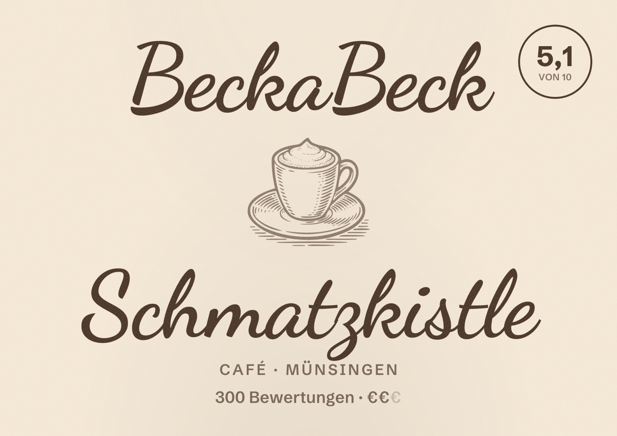 Illustriertes Poster von BeckaBeck Schmatzkistle, Café in Münsingen: Bewertung 5,1 von 10 aus 300 Bewertungen, Preisniveau €€