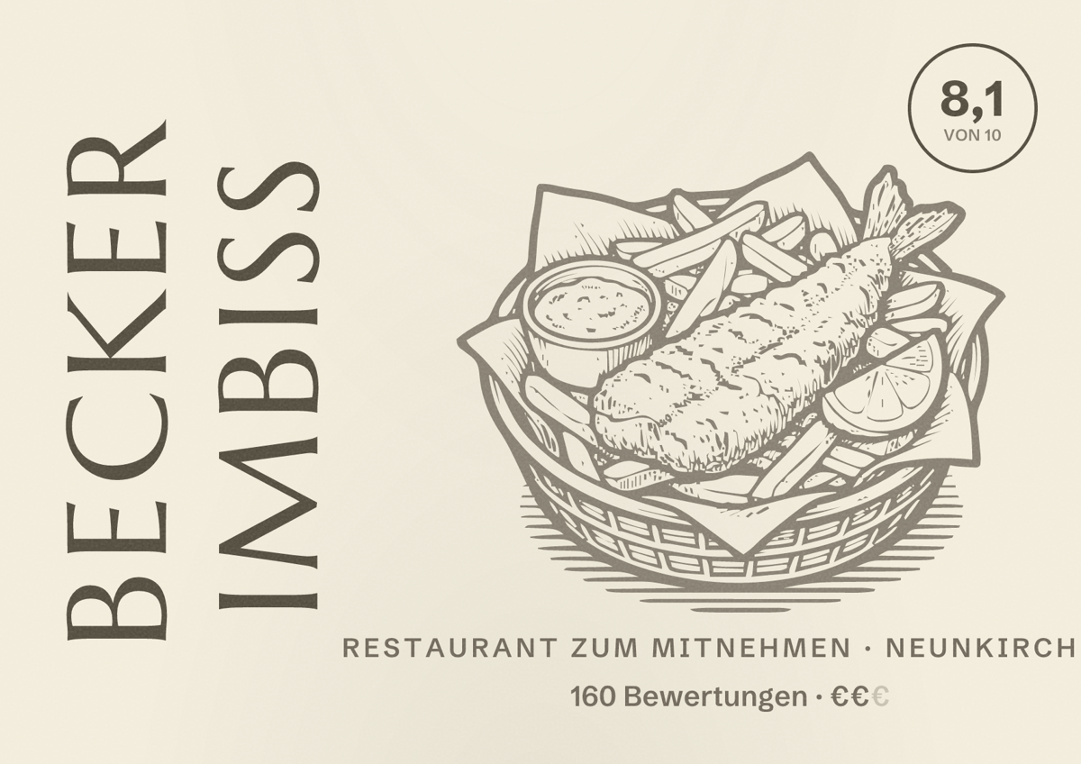 Illustriertes Poster von Becker Imbiss, Restaurant zum Mitnehmen in Neunkirchen: Bewertung 8,1 von 10 aus 160 Bewertungen, Preisniveau €€