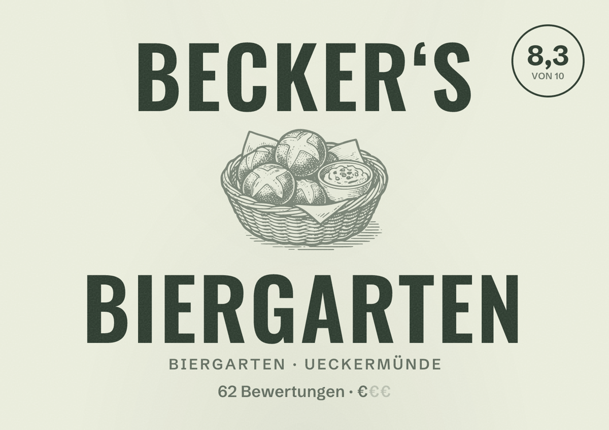 Illustriertes Poster von Becker‘s Biergarten, Biergarten in Ueckermünde: Bewertung 8,3 von 10 aus 62 Bewertungen, Preisniveau €