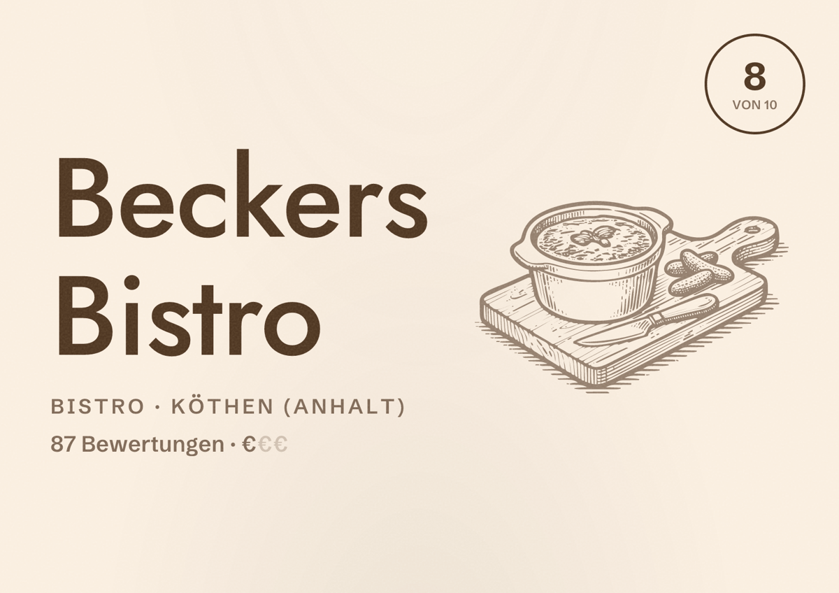 Illustriertes Poster von Beckers Bistro, Bistro in Köthen (Anhalt): Bewertung 8 von 10 aus 87 Bewertungen, Preisniveau €
