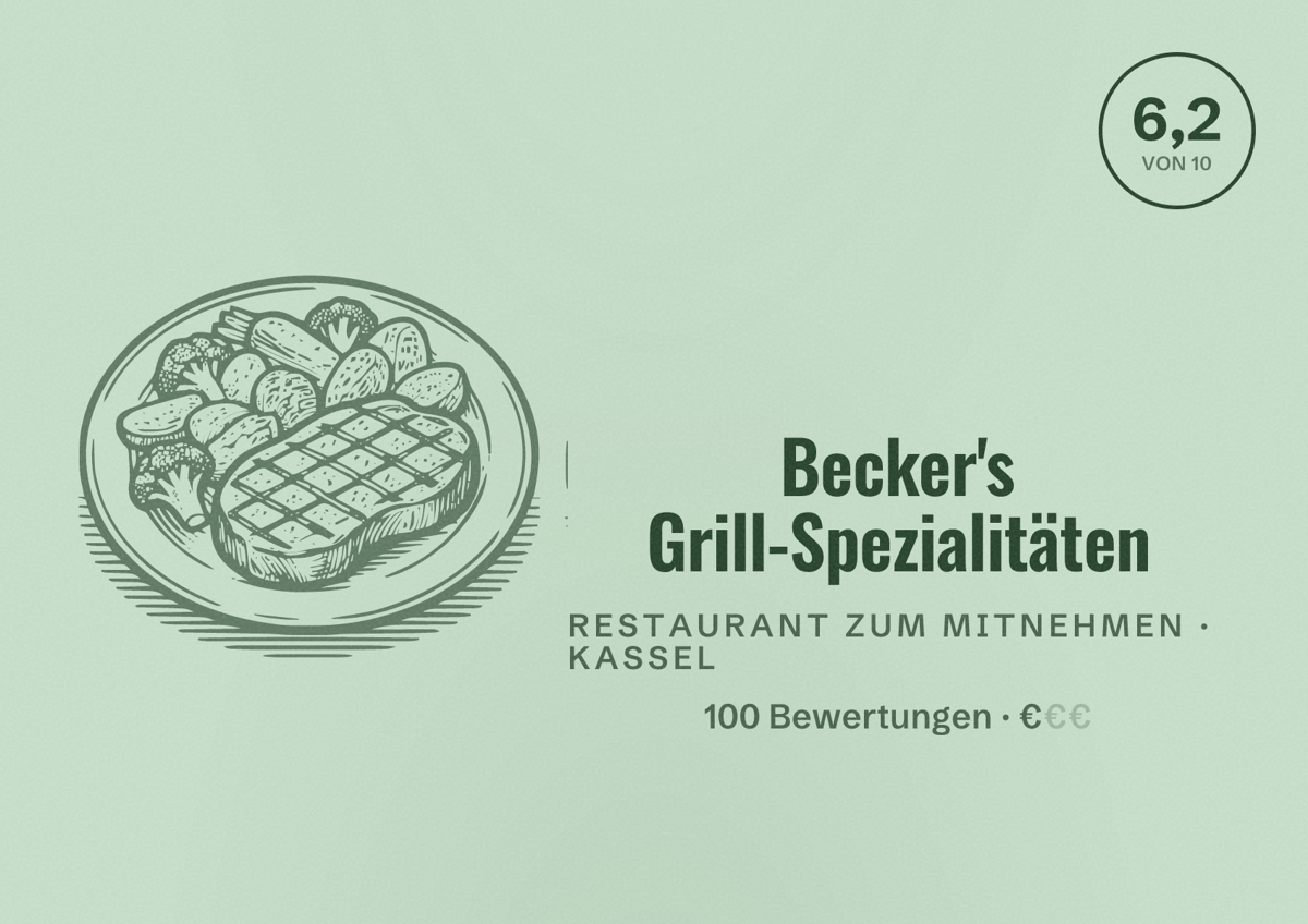 Illustriertes Poster von Becker's Grill-Spezialitäten, Restaurant zum Mitnehmen in Kassel: Bewertung 6,2 von 10 aus 100 Bewertungen, Preisniveau €