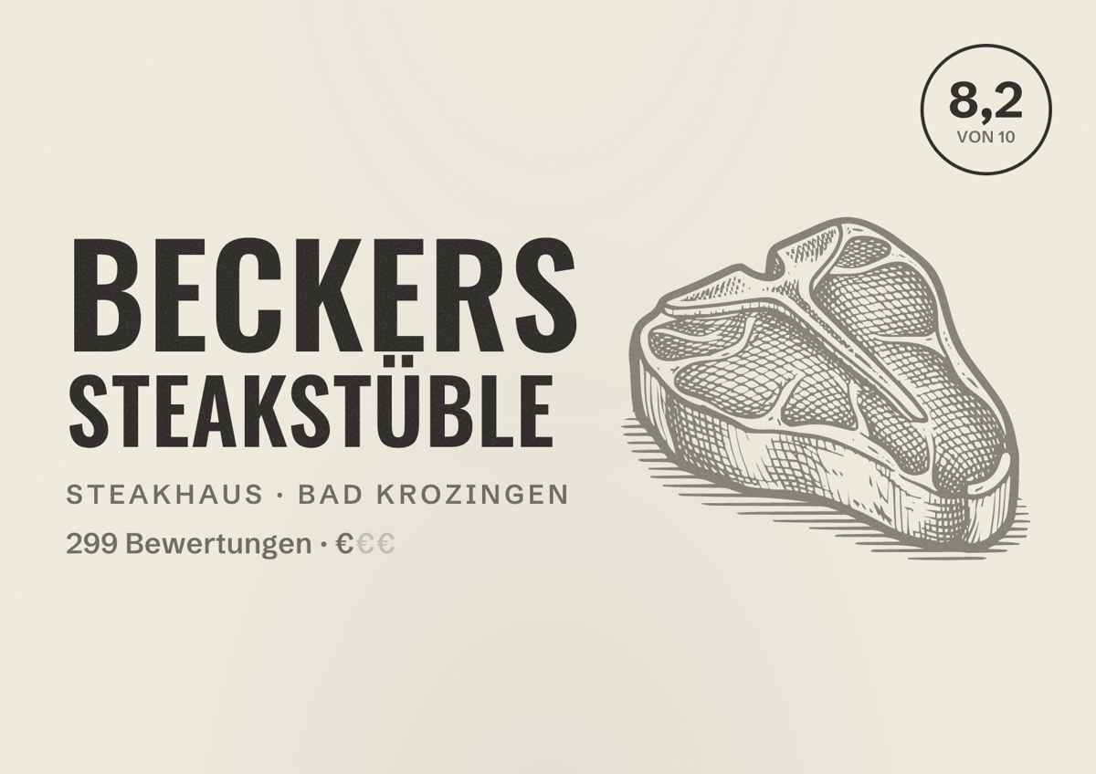 Illustriertes Poster von Beckers Steakstüble, Steakhaus in Bad Krozingen: Bewertung 8,2 von 10 aus 299 Bewertungen, Preisniveau €
