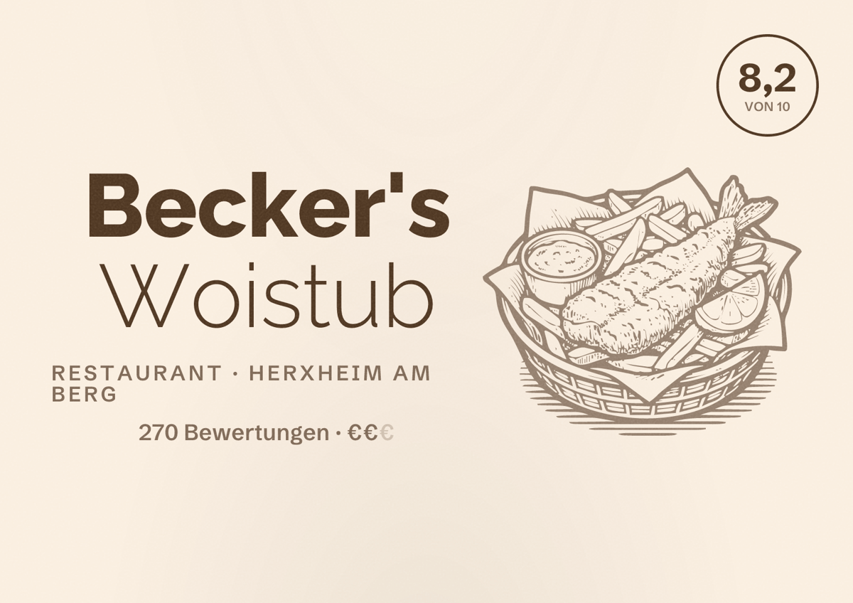 Illustriertes Poster von Becker's Woistub, Restaurant in Herxheim am Berg: Bewertung 8,2 von 10 aus 270 Bewertungen, Preisniveau €€
