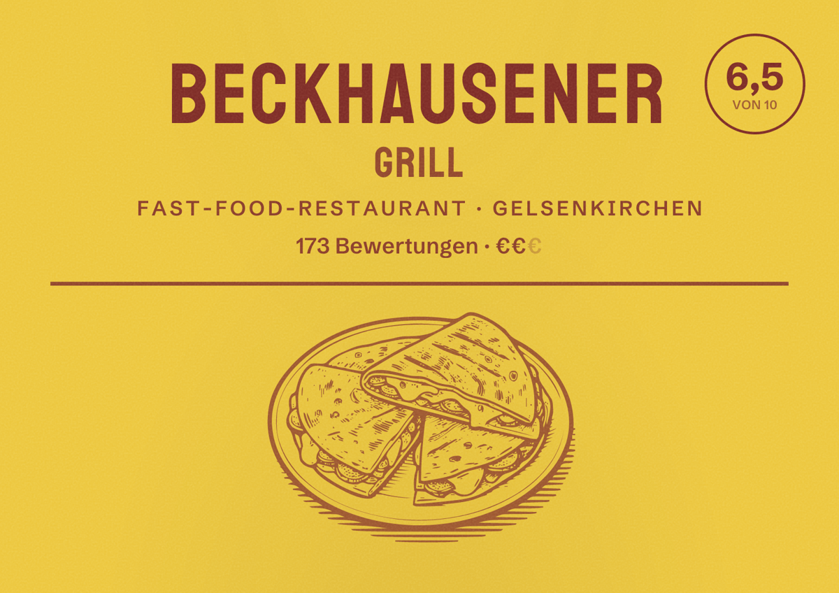 Illustriertes Poster von Beckhausener Grill, Fast-Food-Restaurant in Gelsenkirchen: Bewertung 6,5 von 10 aus 173 Bewertungen, Preisniveau €€