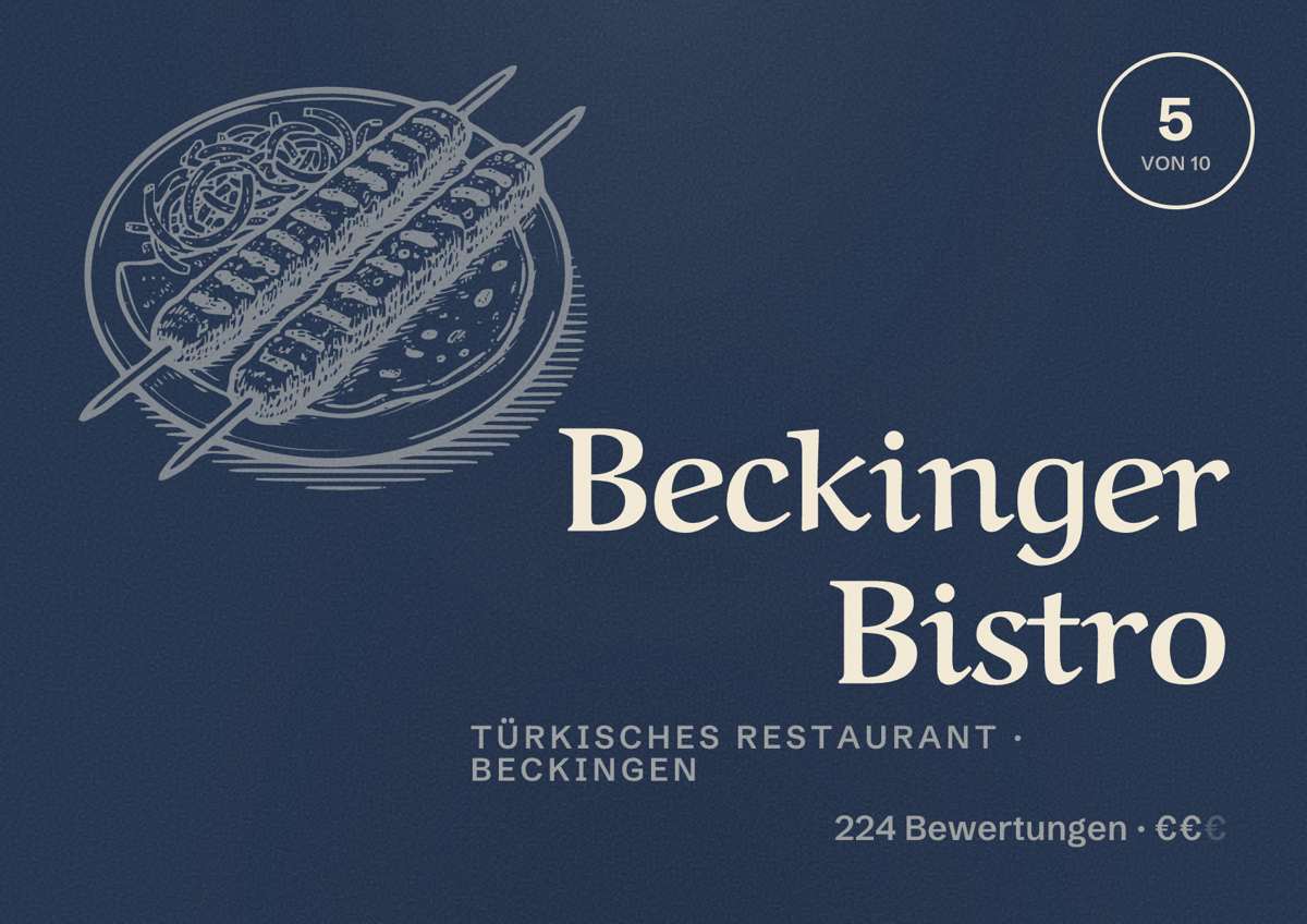 Illustriertes Poster von Beckinger Bistro, Türkisches Restaurant in Beckingen: Bewertung 5 von 10 aus 224 Bewertungen, Preisniveau €€