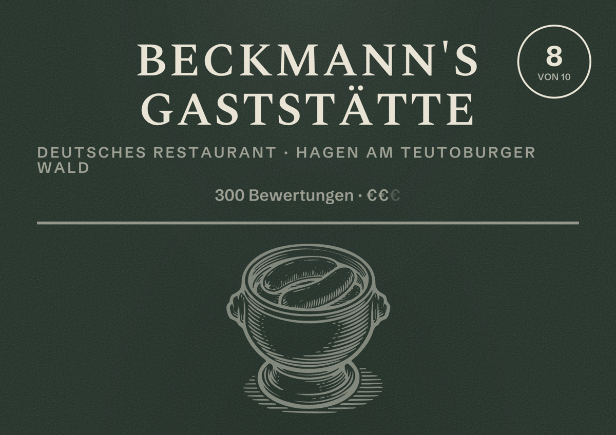 Illustriertes Poster von Beckmann's Gaststätte, Deutsches Restaurant in Hagen am Teutoburger Wald: Bewertung 8 von 10 aus 300 Bewertungen, Preisniveau €€