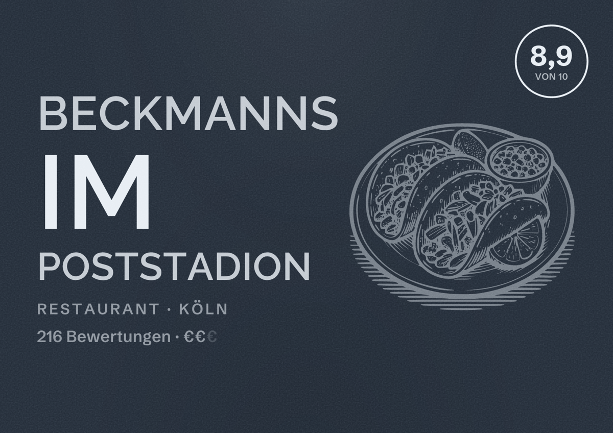 Illustriertes Poster von BECKMANNs im Poststadion, Restaurant in Köln: Bewertung 8,9 von 10 aus 216 Bewertungen, Preisniveau €€