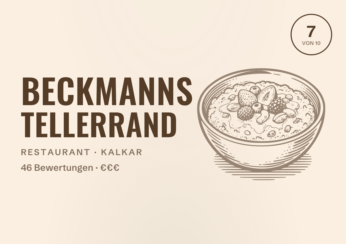 Illustriertes Poster von Beckmanns Tellerrand, Restaurant in Kalkar: Bewertung 7 von 10 aus 46 Bewertungen, Preisniveau €€€
