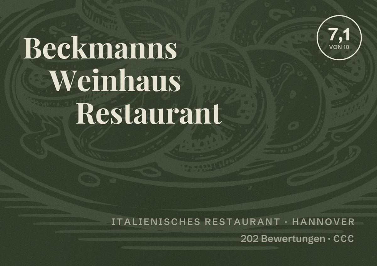 Illustriertes Poster von Beckmanns Weinhaus Restaurant, Italienisches Restaurant in Hannover: Bewertung 7,1 von 10 aus 202 Bewertungen, Preisniveau €€€
