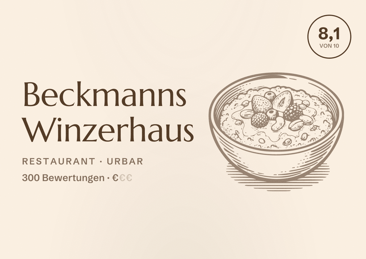 Illustriertes Poster von Beckmanns Winzerhaus, Restaurant in Urbar: Bewertung 8,1 von 10 aus 300 Bewertungen, Preisniveau €