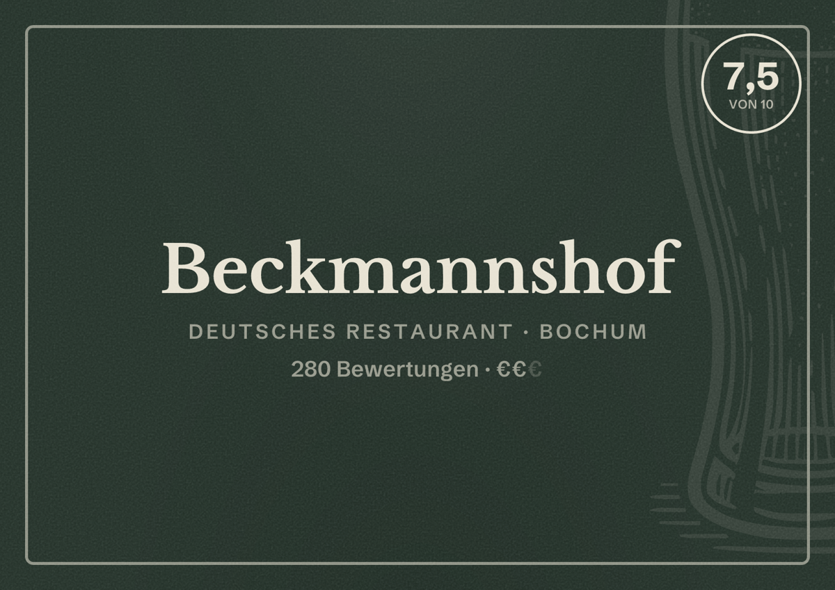 Illustriertes Poster von Beckmannshof, Deutsches Restaurant in Bochum: Bewertung 7,5 von 10 aus 280 Bewertungen, Preisniveau €€
