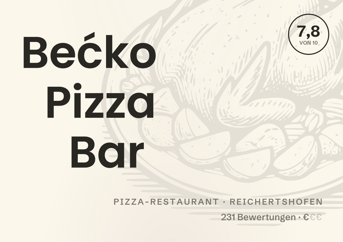 Illustriertes Poster von Bećko Pizza Bar, Pizza-Restaurant in Reichertshofen: Bewertung 7,8 von 10 aus 231 Bewertungen, Preisniveau €