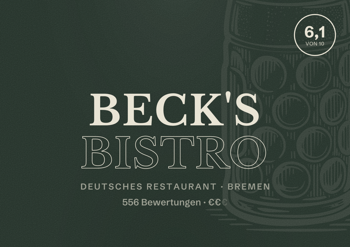 Illustriertes Poster von Beck's Bistro, Deutsches Restaurant in Bremen: Bewertung 6,1 von 10 aus 556 Bewertungen, Preisniveau €€