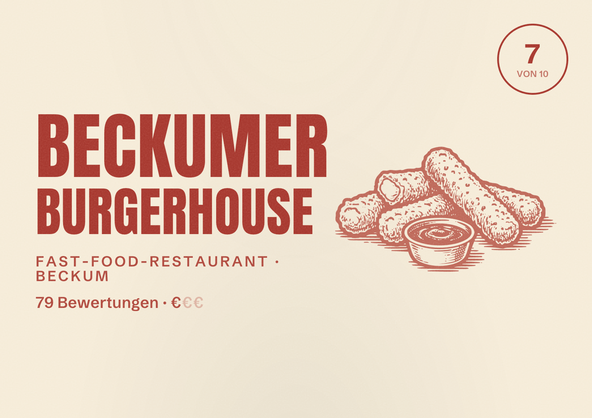 Illustriertes Poster von Beckumer Burgerhouse, Fast-Food-Restaurant in Beckum: Bewertung 7 von 10 aus 79 Bewertungen, Preisniveau €