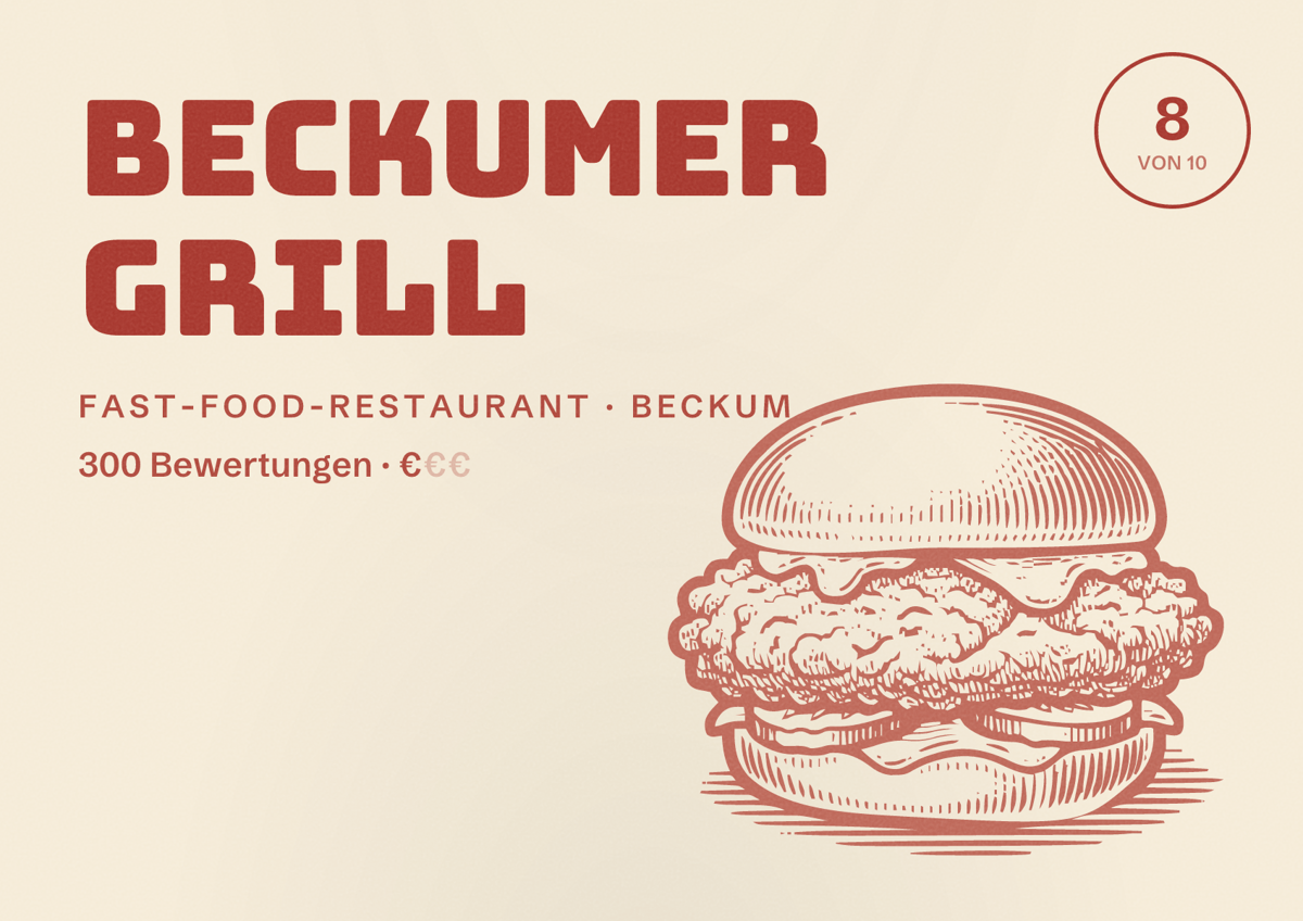 Illustriertes Poster von Beckumer Grill, Fast-Food-Restaurant in Beckum: Bewertung 8 von 10 aus 300 Bewertungen, Preisniveau €