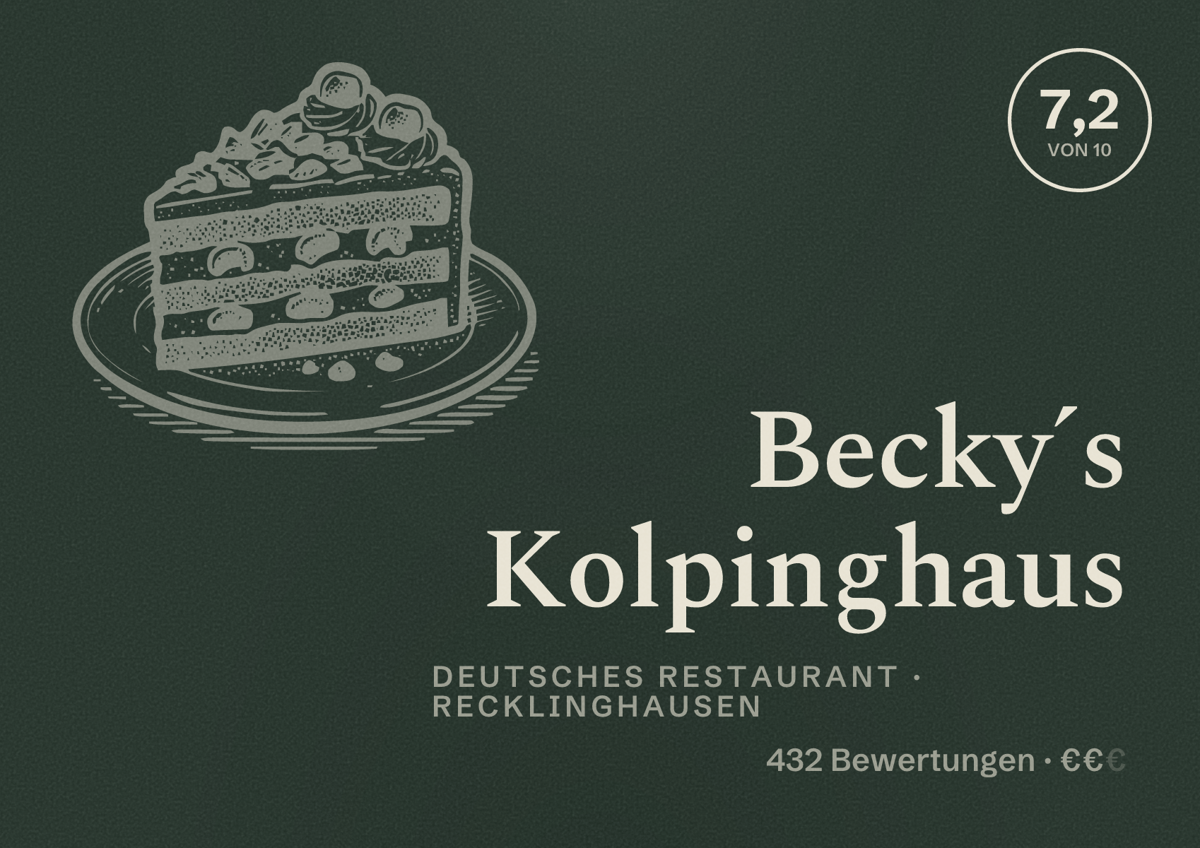 Illustriertes Poster von Becky´s Kolpinghaus, Deutsches Restaurant in Recklinghausen: Bewertung 7,2 von 10 aus 432 Bewertungen, Preisniveau €€