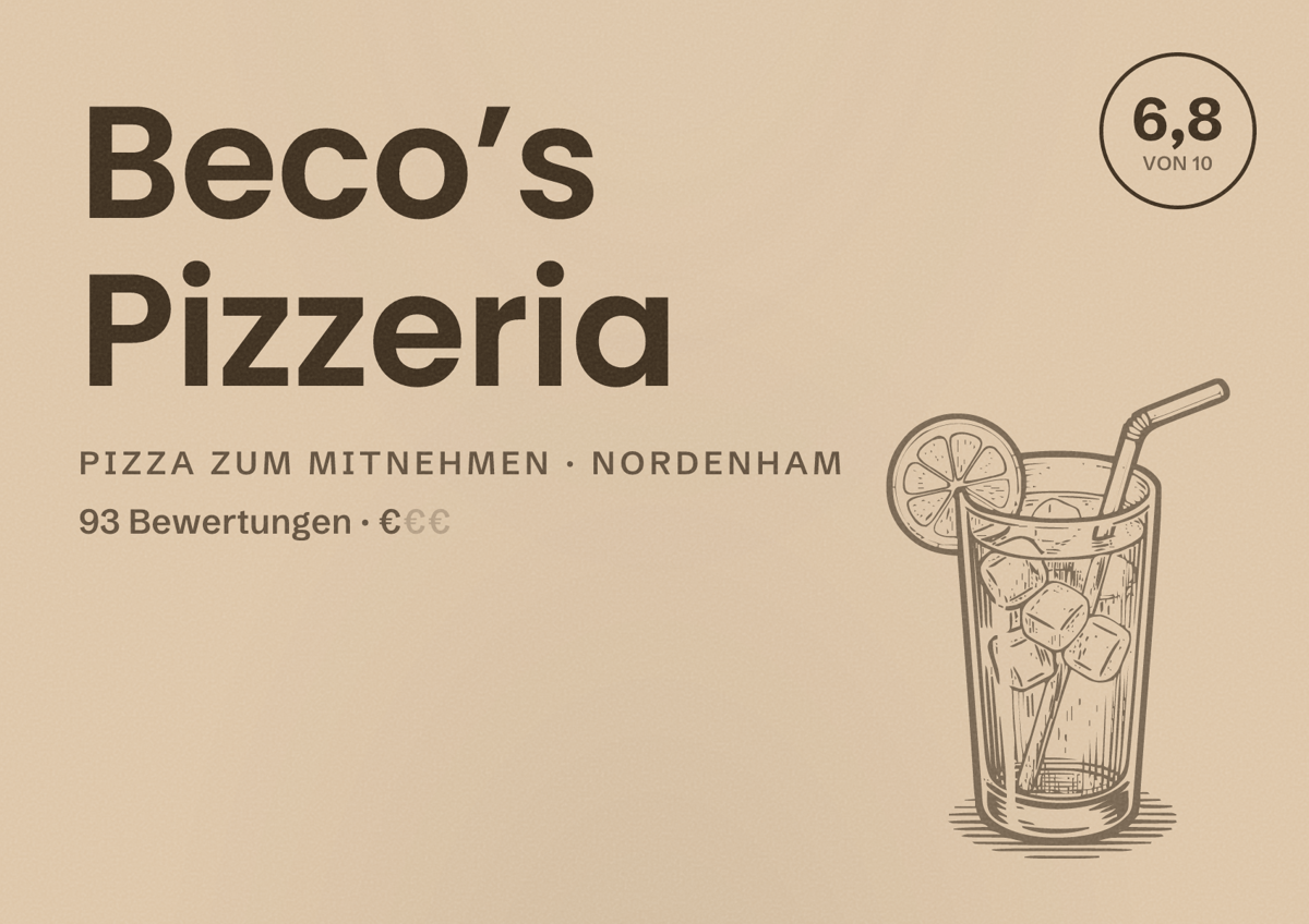 Illustriertes Poster von Beco’s Pizzeria, Pizza zum Mitnehmen in Nordenham: Bewertung 6,8 von 10 aus 93 Bewertungen, Preisniveau €