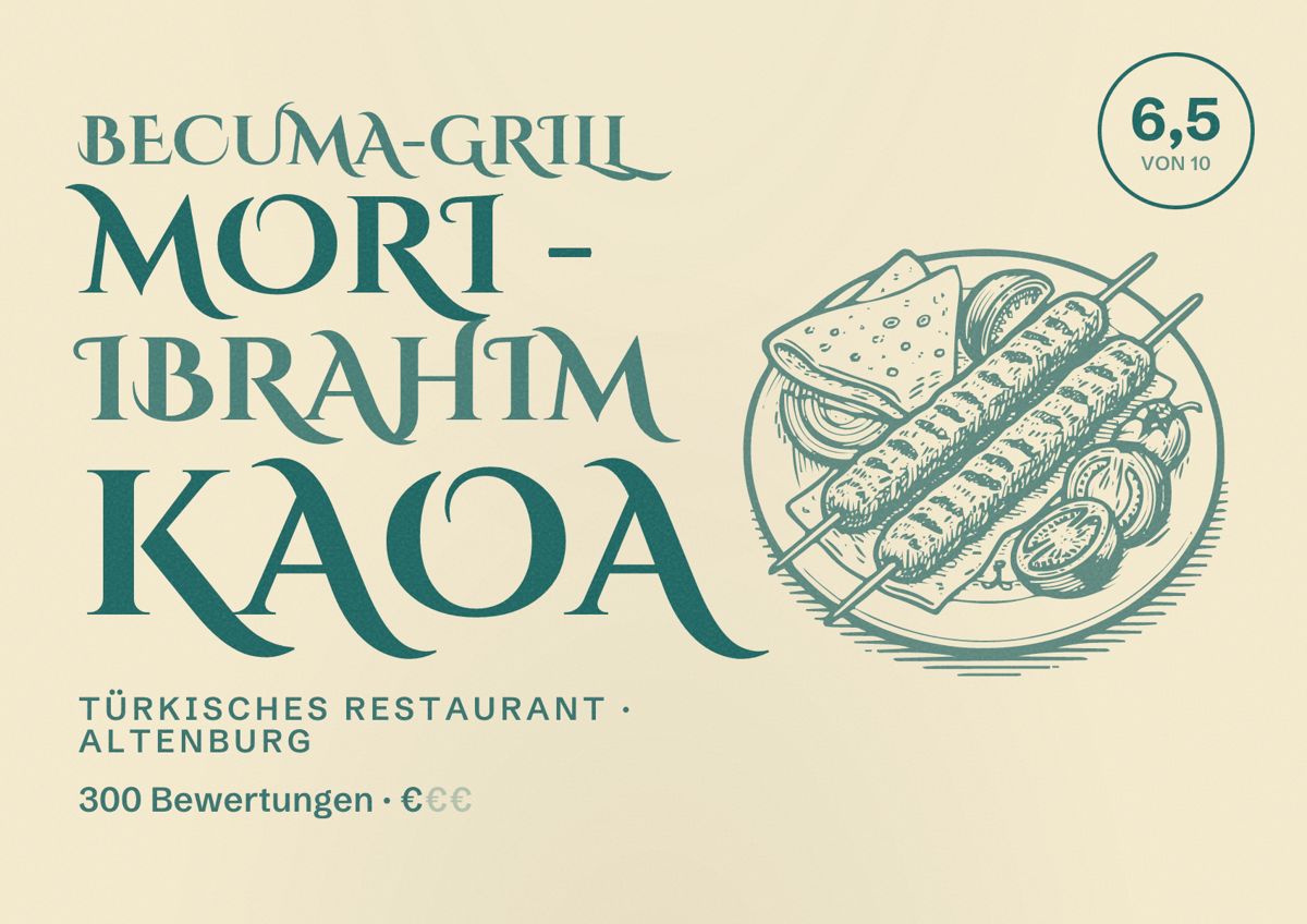 Illustriertes Poster von Becuma-Grill Mori - Ibrahim Kaoa, Türkisches Restaurant in Altenburg: Bewertung 6,5 von 10 aus 300 Bewertungen, Preisniveau €