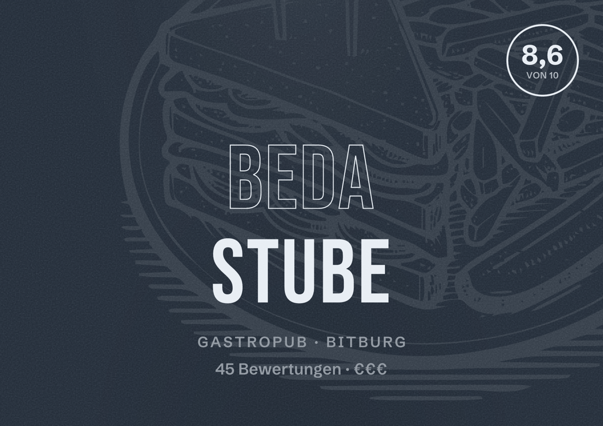 Illustriertes Poster von Beda Stube, Gastropub in Bitburg: Bewertung 8,6 von 10 aus 45 Bewertungen, Preisniveau €€€