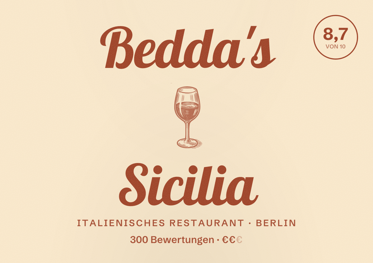 Illustriertes Poster von Bedda's Sicilia, Italienisches Restaurant in Berlin: Bewertung 8,7 von 10 aus 300 Bewertungen, Preisniveau €€