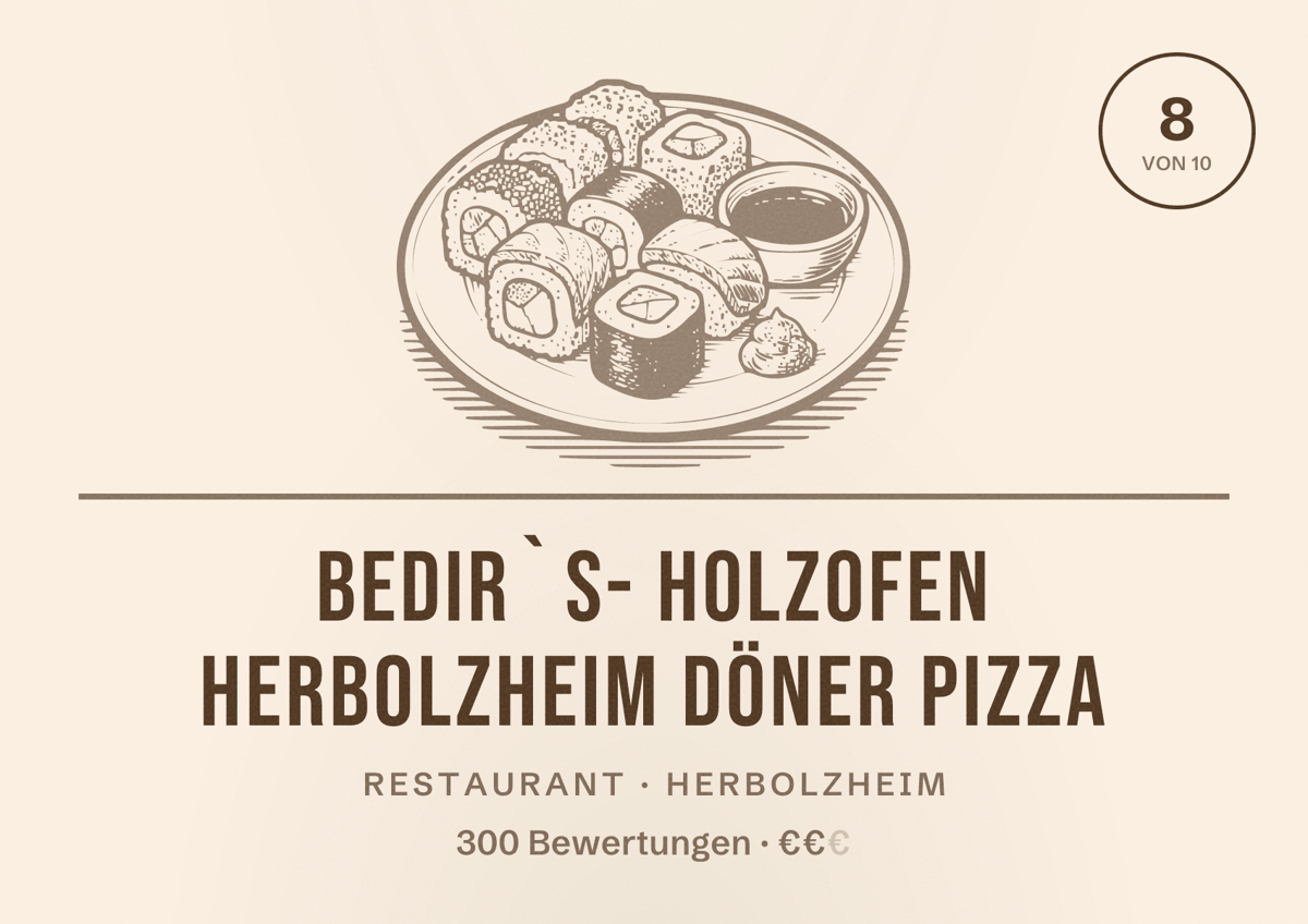 Illustriertes Poster von Bedir`s- Holzofen Herbolzheim Döner Pizza, Restaurant in Herbolzheim: Bewertung 8 von 10 aus 300 Bewertungen, Preisniveau €€