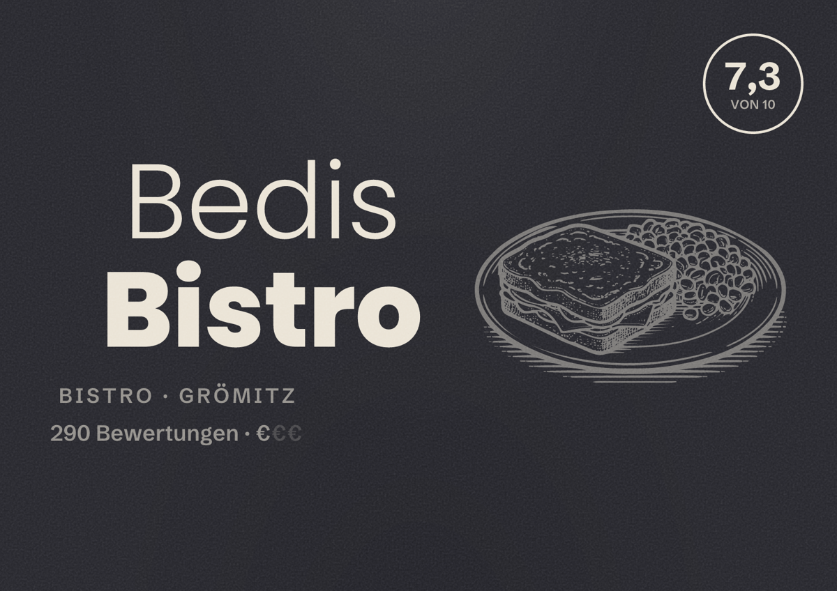 Illustriertes Poster von Bedis Bistro, Bistro in Grömitz: Bewertung 7,3 von 10 aus 290 Bewertungen, Preisniveau €