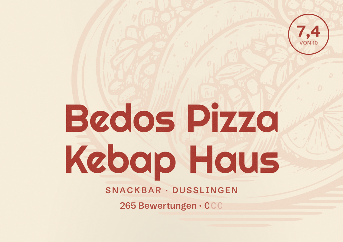Illustriertes Poster von Bedos Pizza Kebap Haus, Snackbar in Dußlingen: Bewertung 7,4 von 10 aus 265 Bewertungen, Preisniveau €