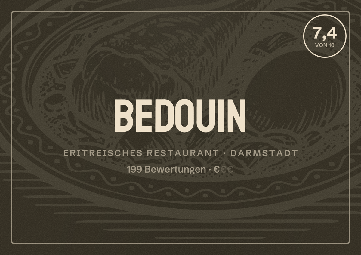 Illustriertes Poster von Bedouin, Eritreisches Restaurant in Darmstadt: Bewertung 7,4 von 10 aus 199 Bewertungen, Preisniveau €