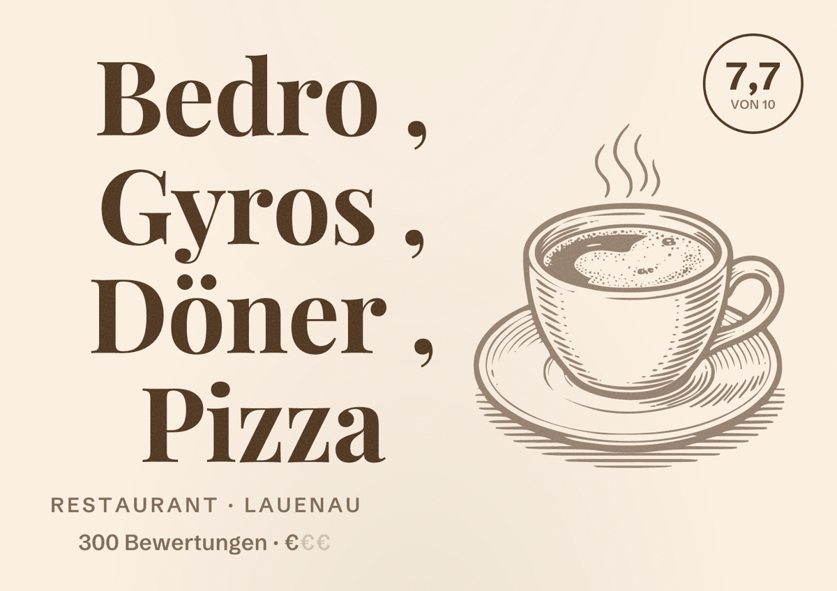 Illustriertes Poster von Bedro , Gyros , Döner , Pizza, Restaurant in Lauenau: Bewertung 7,7 von 10 aus 300 Bewertungen, Preisniveau €