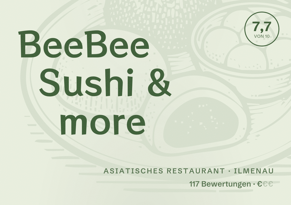 Illustriertes Poster von BeeBee Sushi & more, Asiatisches Restaurant in Ilmenau: Bewertung 7,7 von 10 aus 117 Bewertungen, Preisniveau €