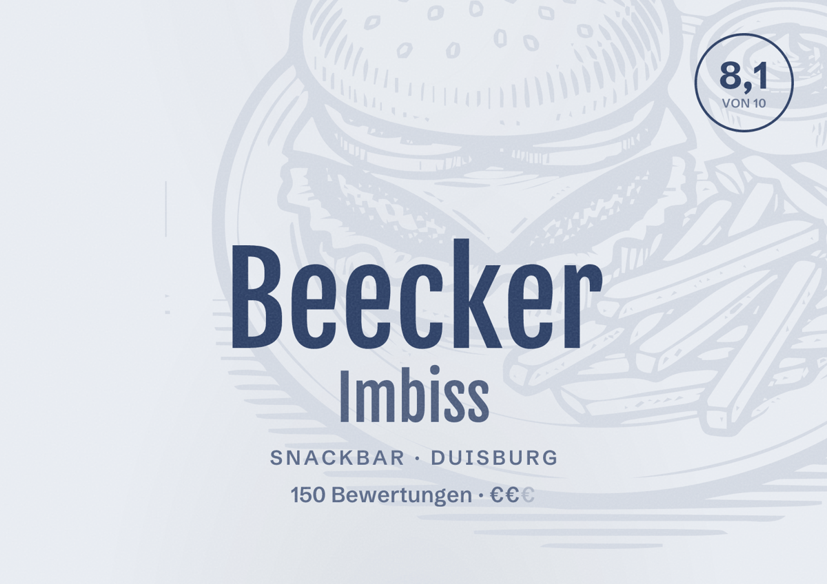 Illustriertes Poster von Beecker Imbiss, Snackbar in Duisburg: Gästebewertung 8,1 von 10 aus 150 Bewertungen