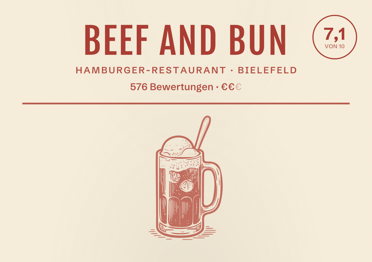 Illustriertes Poster von Beef and Bun, Hamburger-Restaurant in Bielefeld: Bewertung 7,1 von 10 aus 576 Bewertungen, Preisniveau €€