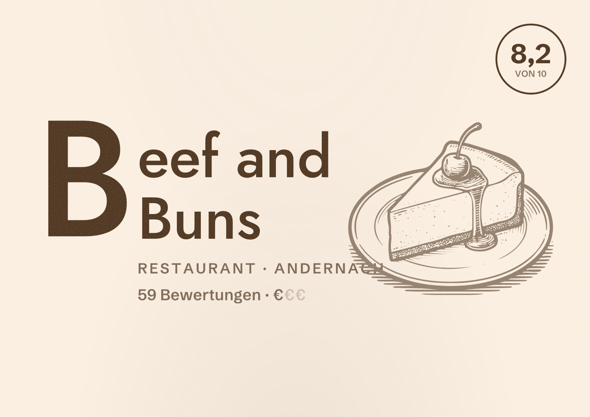 Illustriertes Poster von Beef and Buns, Restaurant in Andernach: Bewertung 8,2 von 10 aus 59 Bewertungen, Preisniveau €