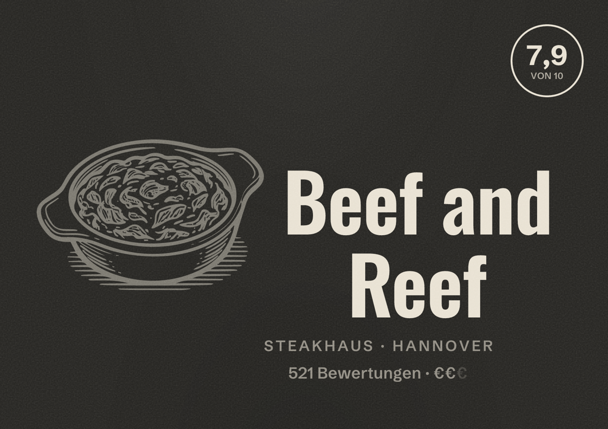 Illustriertes Poster von Beef and Reef, Steakhaus in Hannover: Bewertung 7,9 von 10 aus 521 Bewertungen, Preisniveau €€