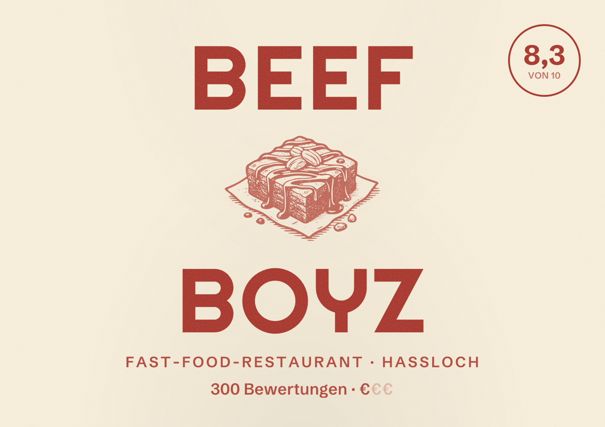 Illustriertes Poster von Beef Boyz, Fast-Food-Restaurant in Haßloch: Bewertung 8,3 von 10 aus 300 Bewertungen, Preisniveau €