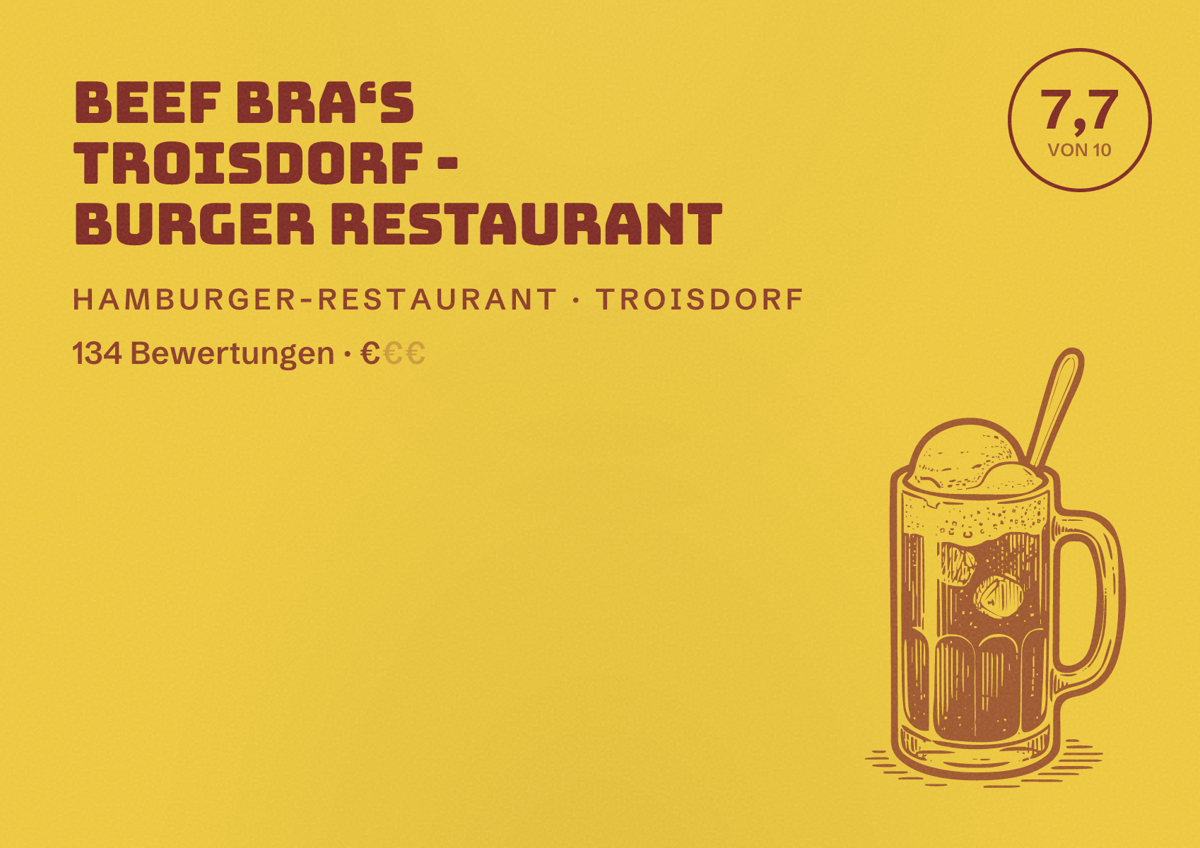 Illustriertes Poster von Beef Bra‘s Troisdorf - Burger Restaurant, Hamburger-Restaurant in Troisdorf: Bewertung 7,7 von 10 aus 134 Bewertungen, Preisniveau €