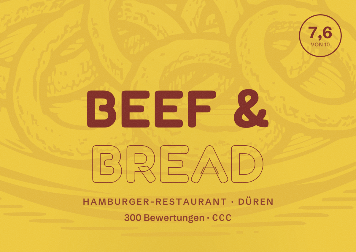 Illustriertes Poster von Beef & Bread, Hamburger-Restaurant in Düren: Bewertung 7,6 von 10 aus 300 Bewertungen, Preisniveau €€€